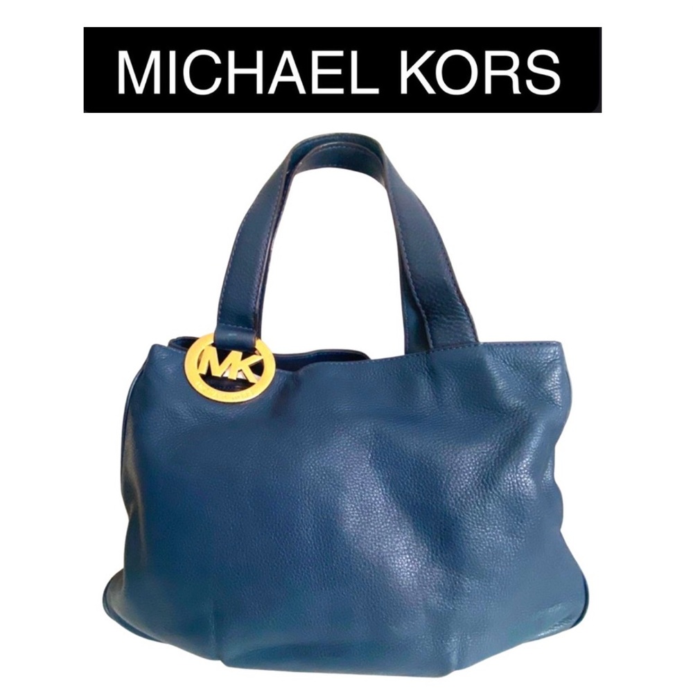 MICHAEL KORS Fulton Blue Pebble Leather Gold MK Logo Hobo Shoulder Bag, EUC
